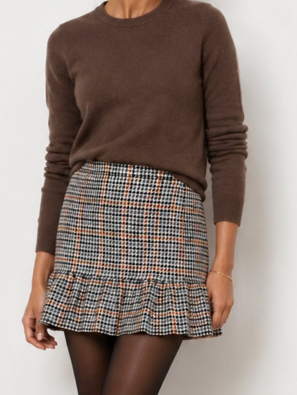 J.Crew Houndstooth Ruffle Mini Skirt Wool Blend Navy Brown White Size 14